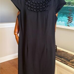 Adrienne Vittadini Black Midi Dress with Ruffled Neckline